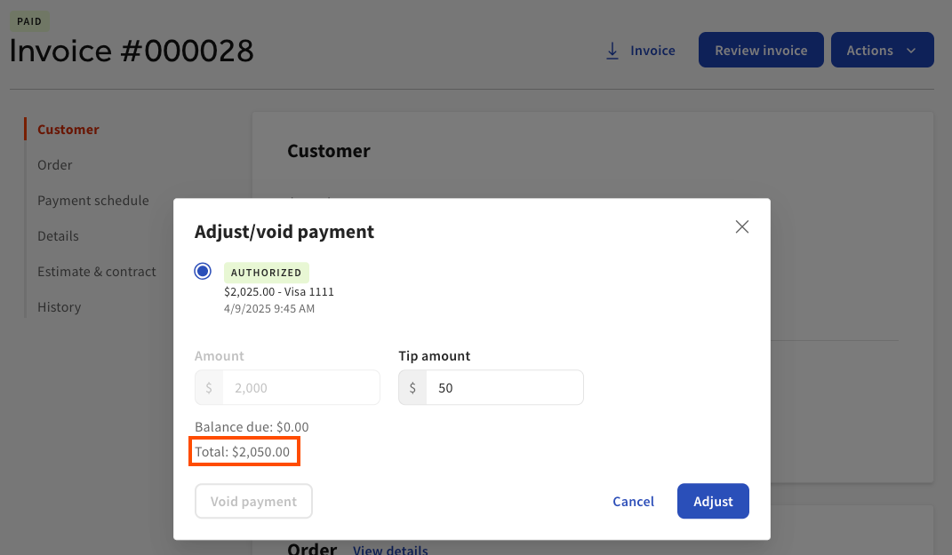 Shows the new tip amount in the Adjust/void payment dialog.
