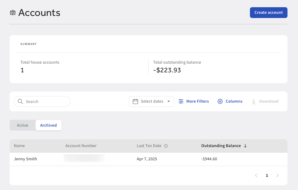 The archived house account appears under the Archived tab on the Accounts page.