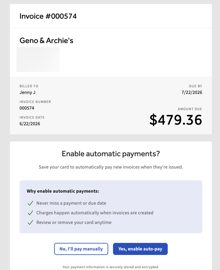 Shows the Enable automatic payments section in a house account invoice.