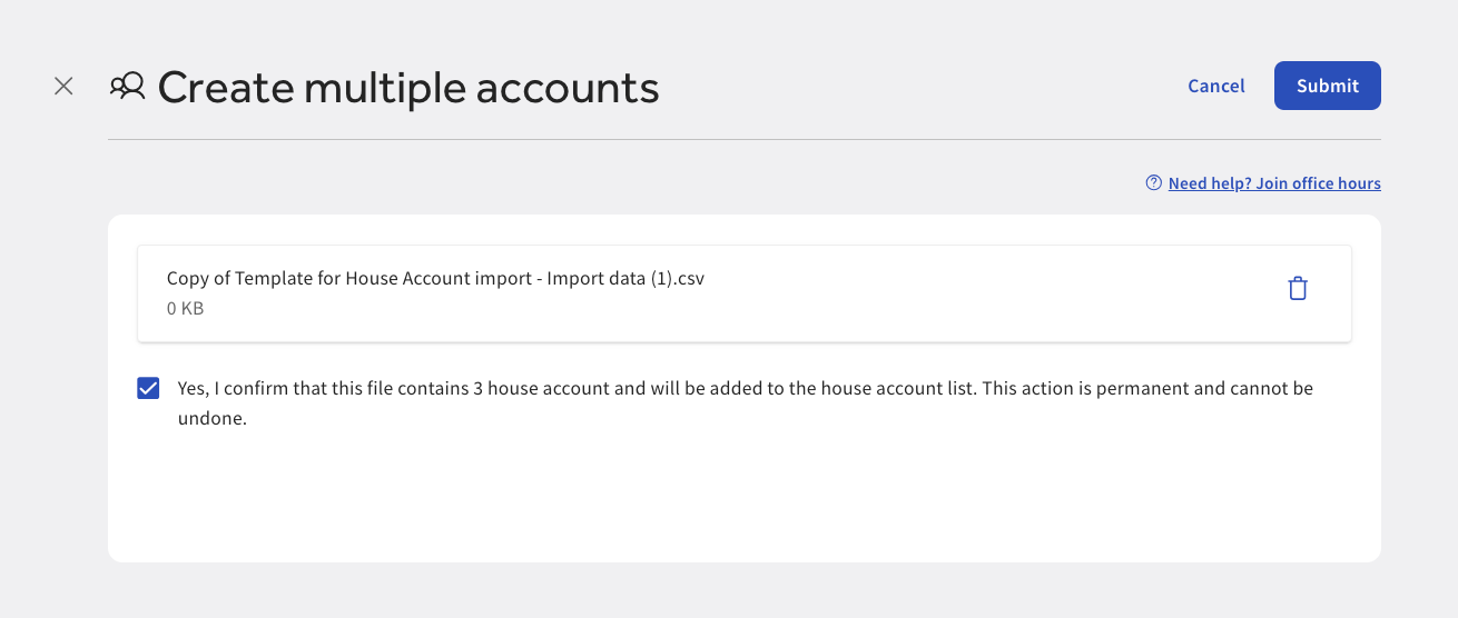 The Create multiple accounts confirmation dialog on Toast Web.