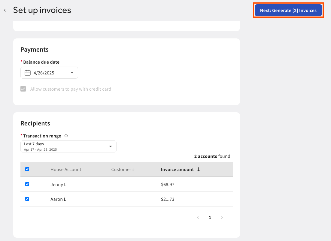 The Set up invoices page with the Generate number of invoices button emphasized.