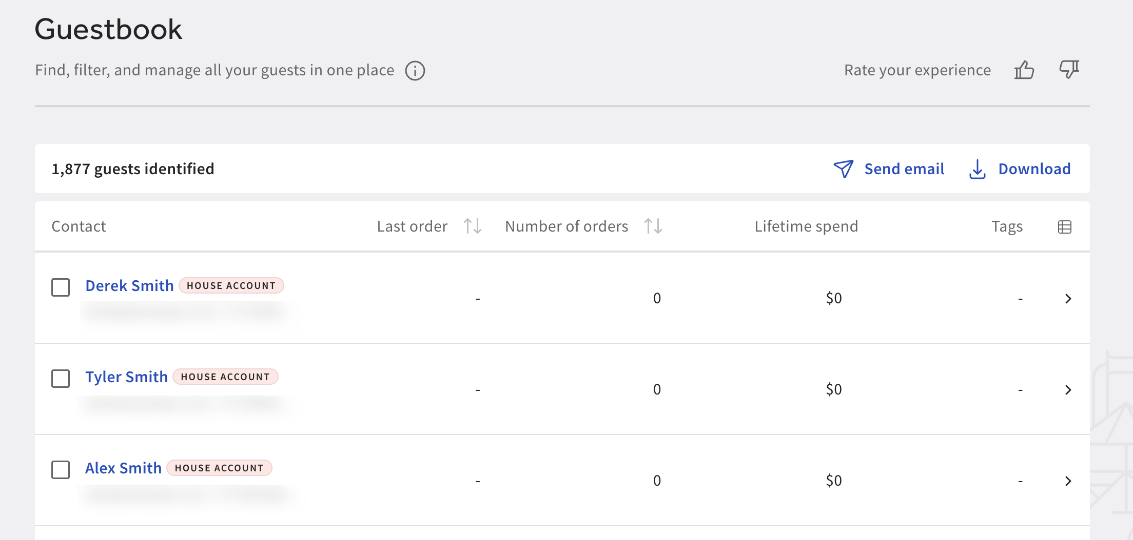 New house accounts on the Guestbook page in Toast Web.