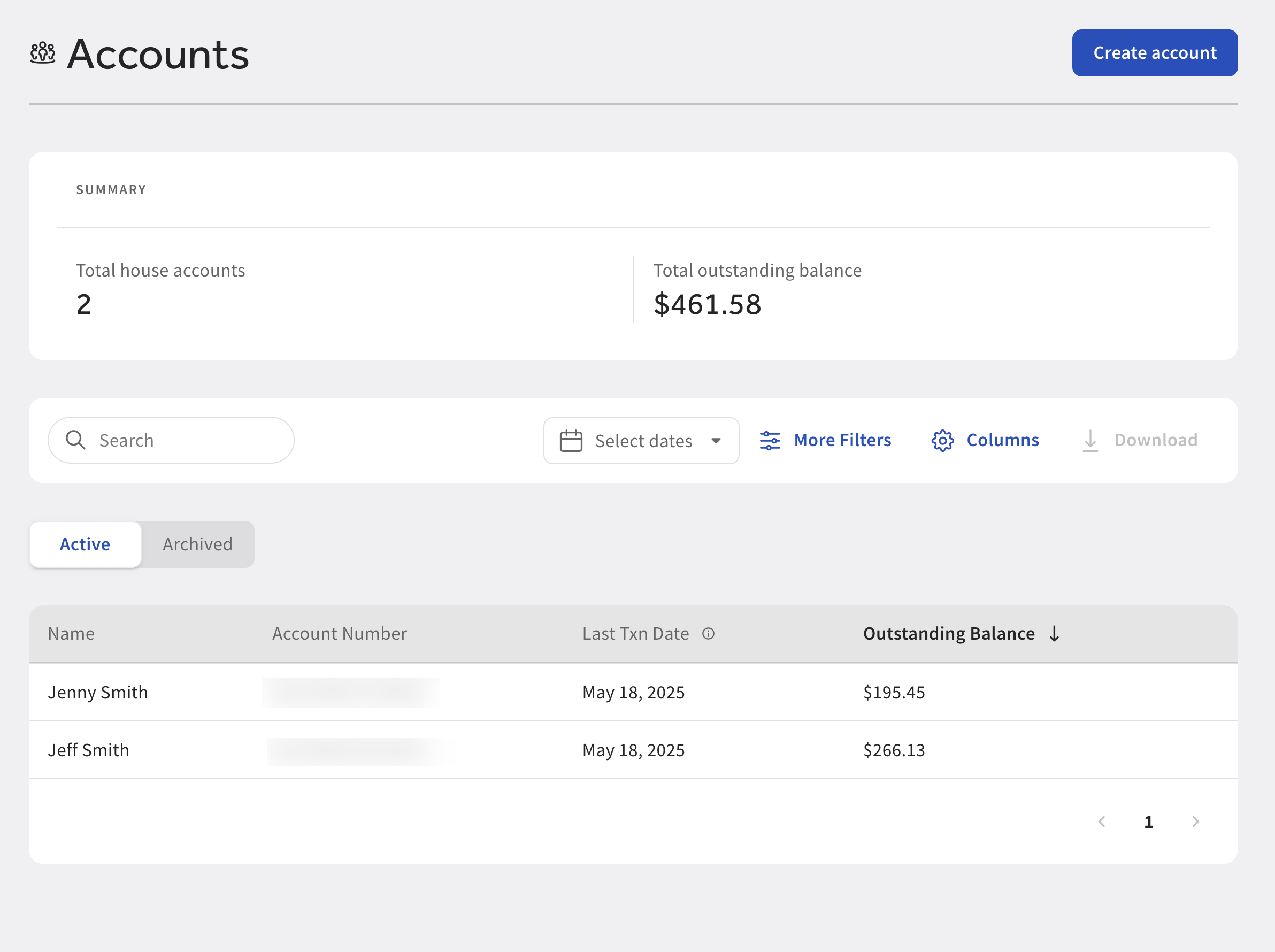 A new account on the Accounts page on Toast Web.