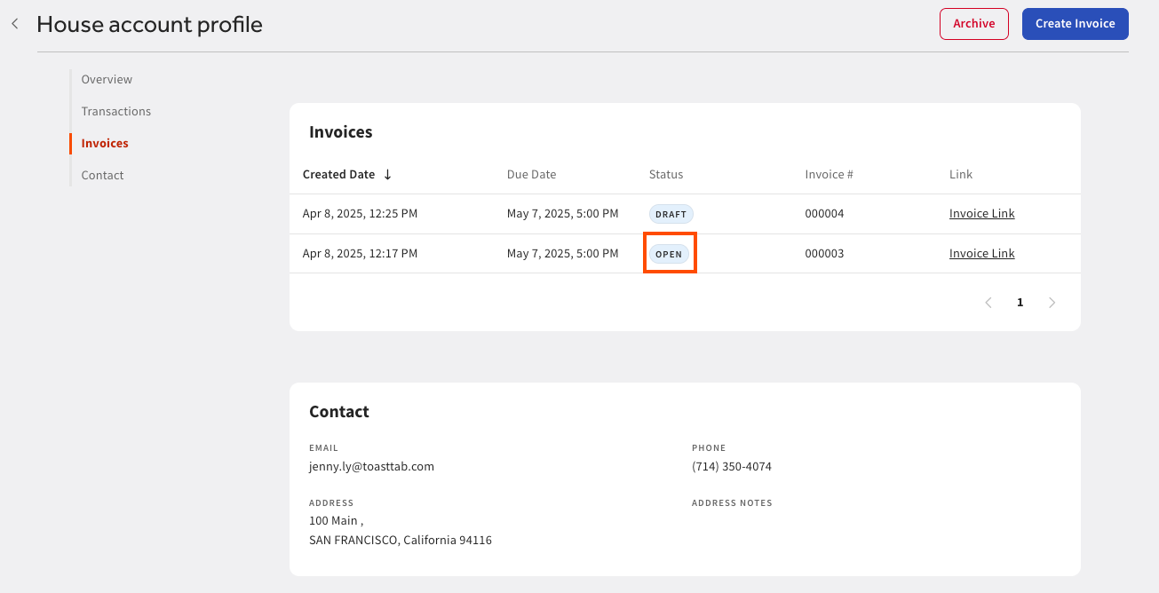 Shows an invoice with an OPEN status on the House account profile page.