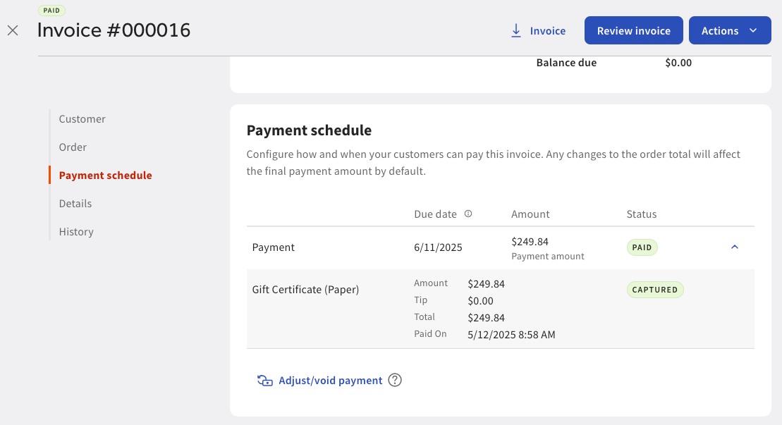 Shows an invoice with the PAID label on the Payment schedule page.