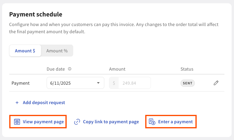 Shows the Payment schedule tab with the View payment page and the Enter a payment buttons emphasized.