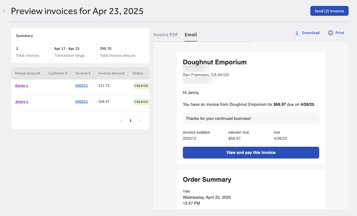 Shows the Preview invoices page on Toast Web.