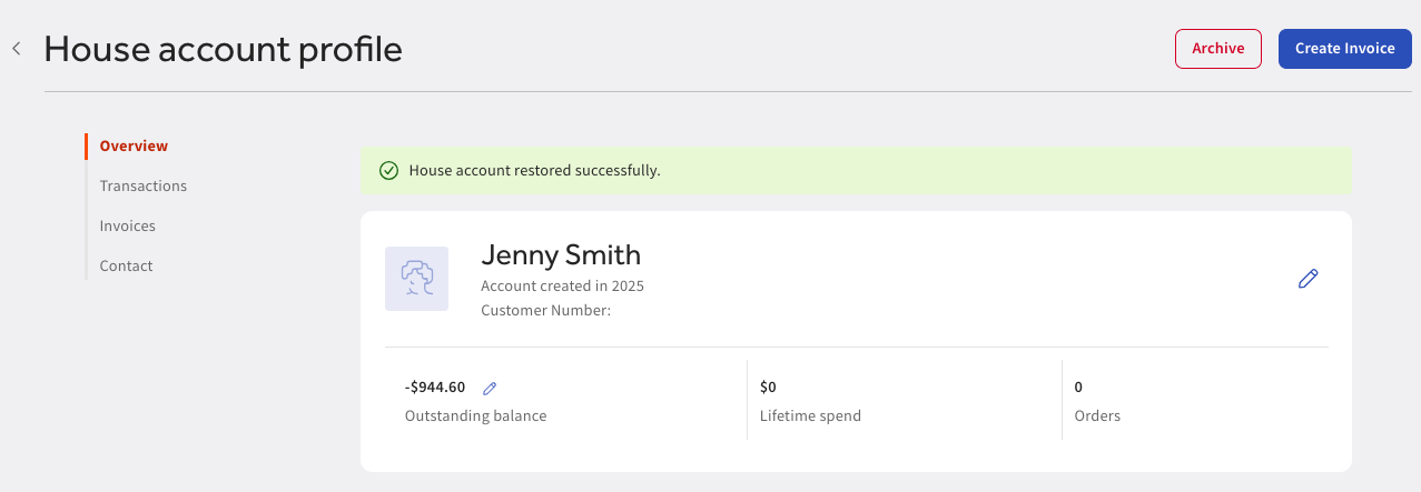 House account restored successfully banner on the House account profile page.