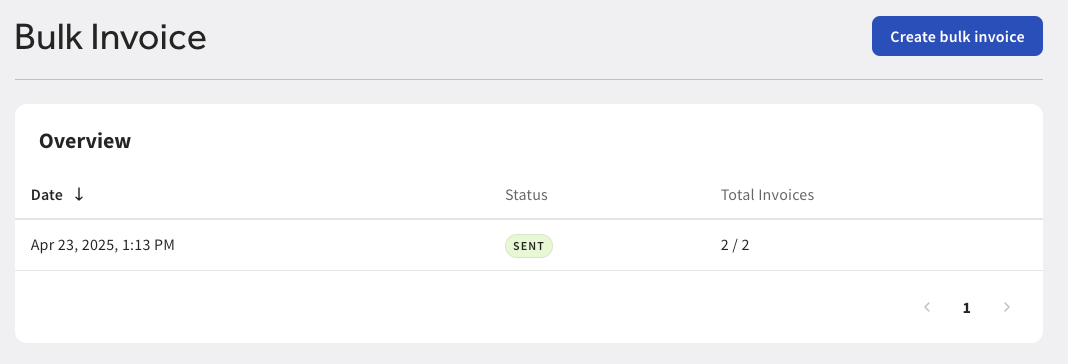 Shows the bulk invoice with a SENT label.