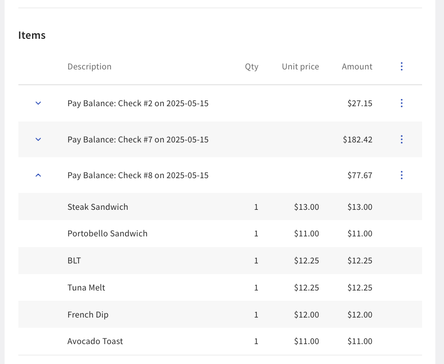 Shows the items in a check on the Order tab.