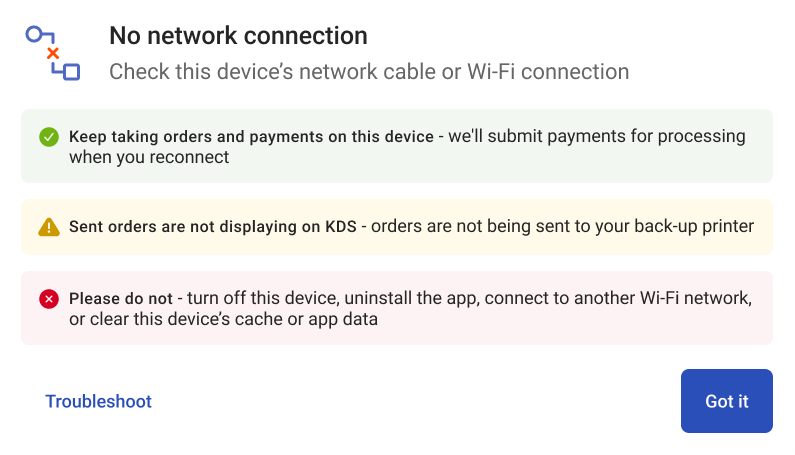 The dialog informing you what you can and cannot do during a local network connection issue.