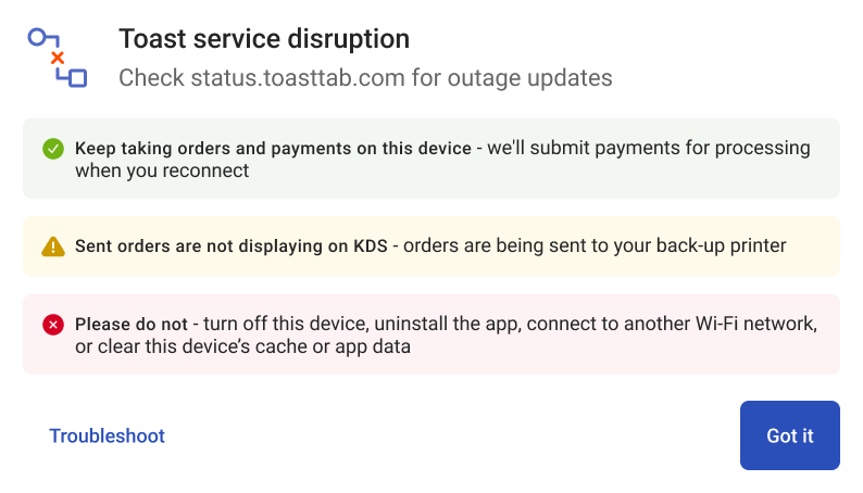 The dialog informing you what you can and cannot do during a Toast platform cloud-based service disruption.