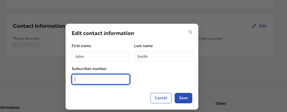 Shows the Edit contact information dialog in Toast Web.