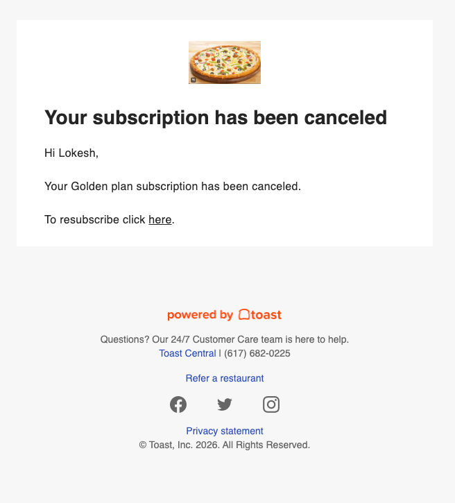 An example of the subscription plan cancellation confirmation email.