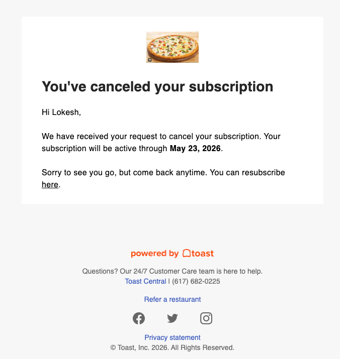 An example of the subscription plan request cancellation confirmation email.