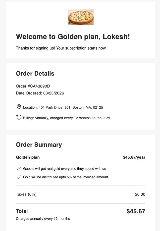 An example of the subscription plan confirmation email.