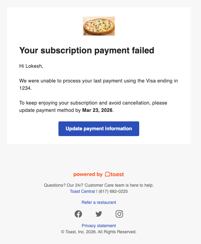 An example of the failed subscription payment email.