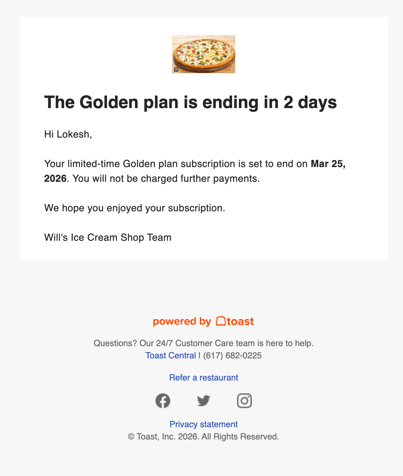 An example of the limited time subscription plan expiration confirmation email.