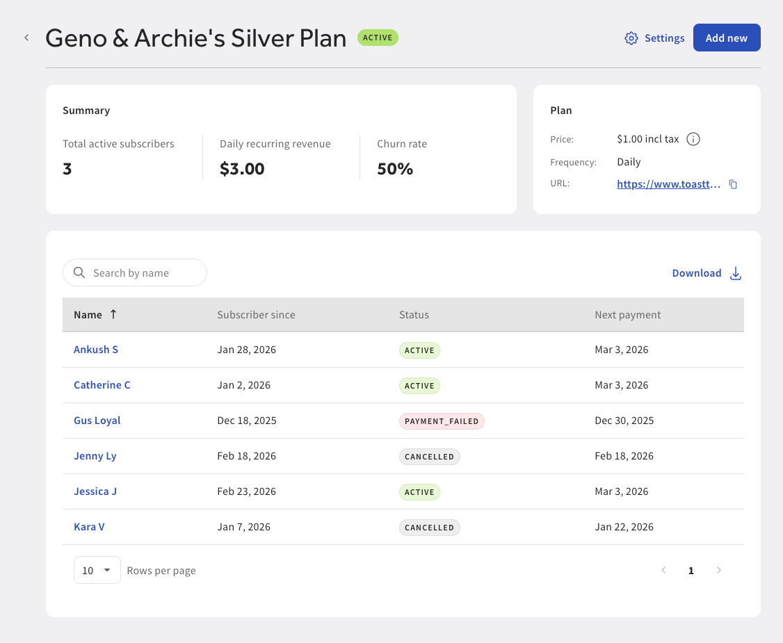 Shows the Subscription plan page in Toast Web.