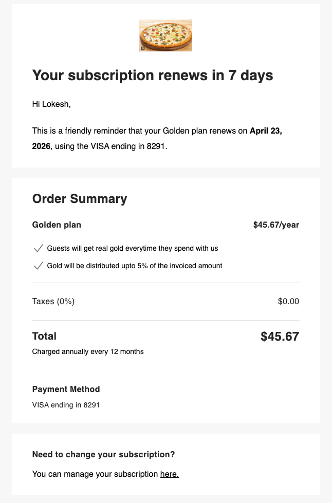 An example of the subscription renewal email.