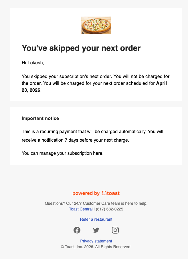 An example of the skip subscription email.