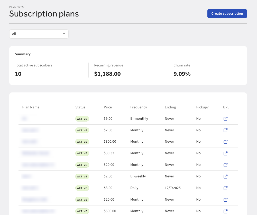 Shows the Subscription plans page in Toast Web.