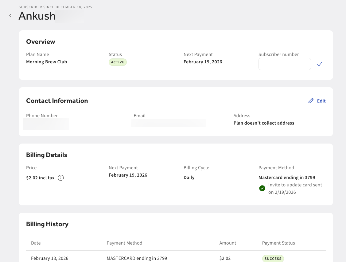 Shows the Subscriber page in Toast Web.
