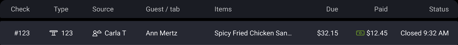 Screenshot showing table view with column headers labeled.