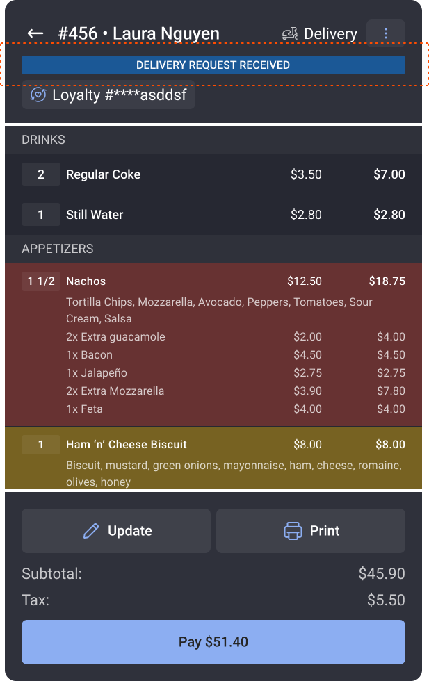 Screenshot showing the delivery status pane for a Toast Delivery Services order.