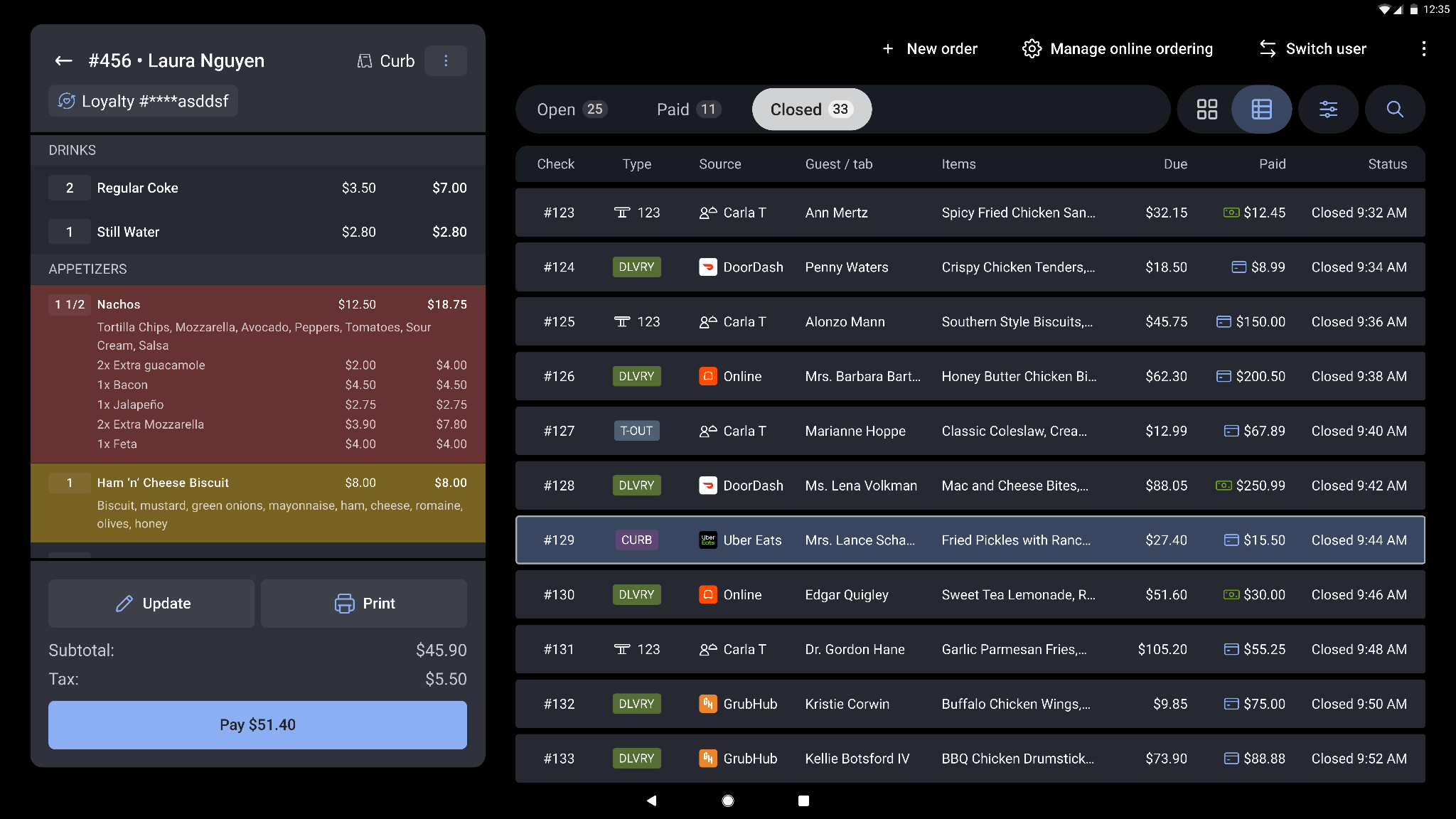 Screenshot showing the new table view layout in the payment terminal screen.