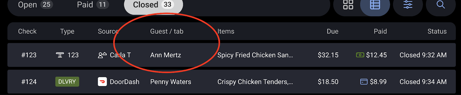 Screenshot showing the guest / tab column with example data.