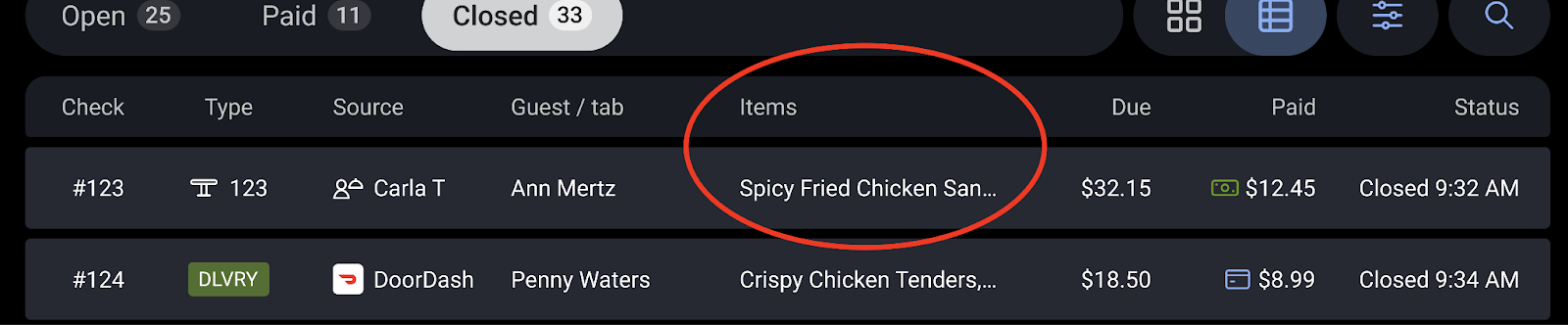 Screenshot showing the items column with truncated order items.