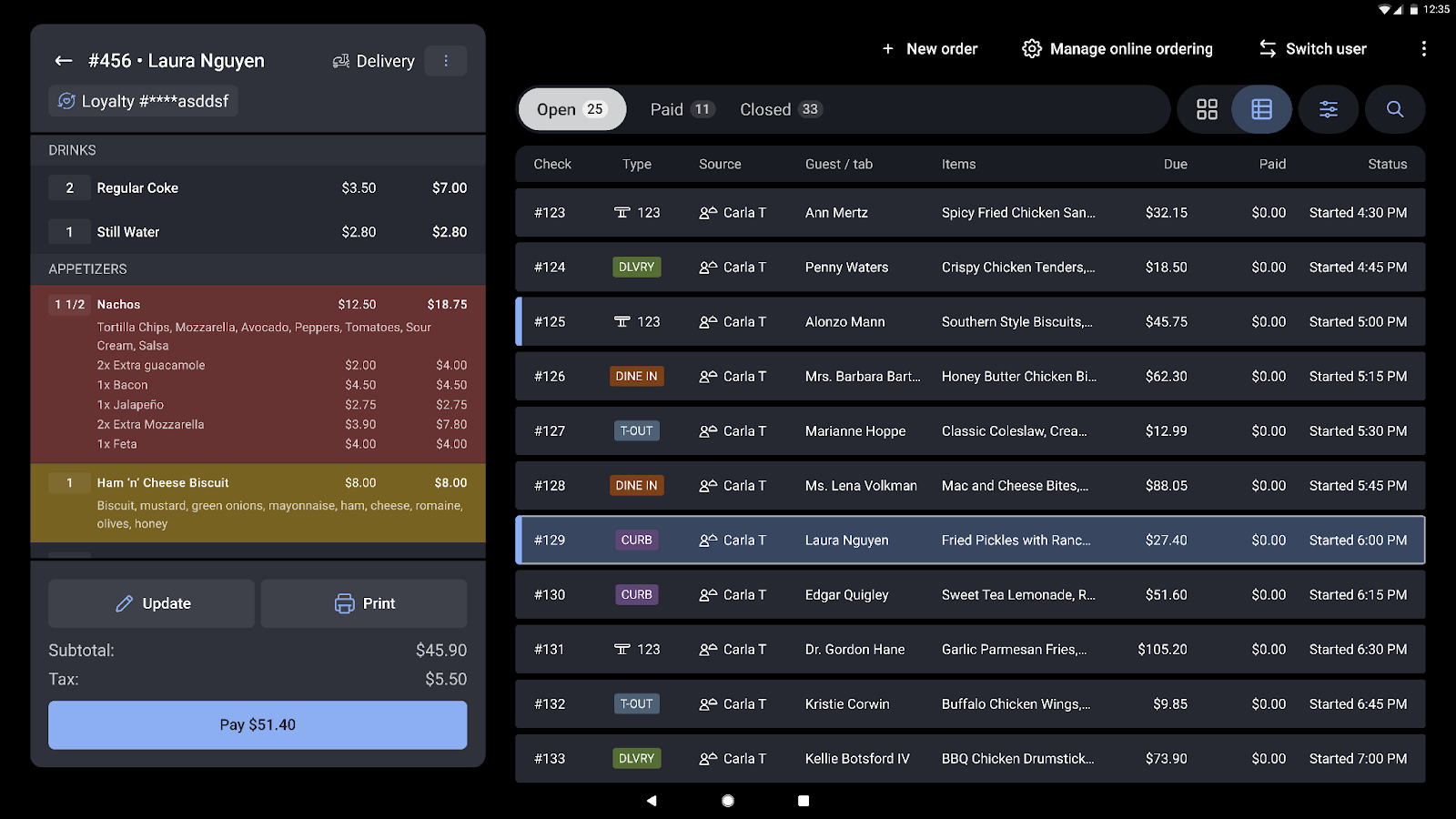 Screenshot showing the full payment terminal screen with ownership indicators on multiple orders.