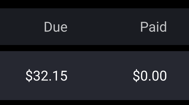 Screenshot showing due and paid columns for an unpaid order.