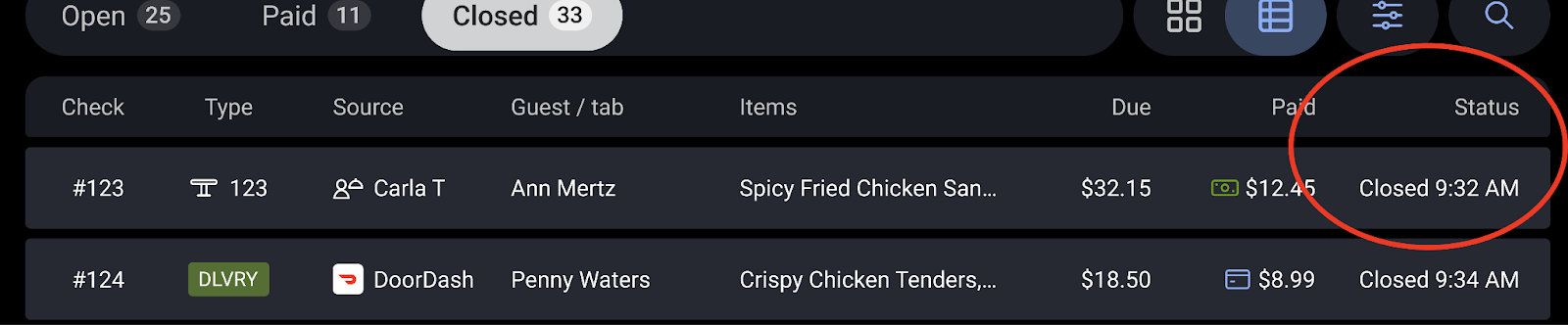 Screenshot showing the status column highlighted in table view.