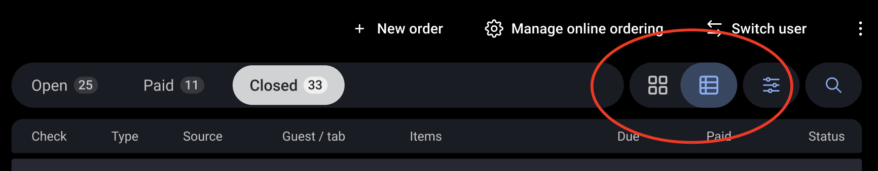 Screenshot showing the table view toggle button location in the payment terminal screen toolbar.