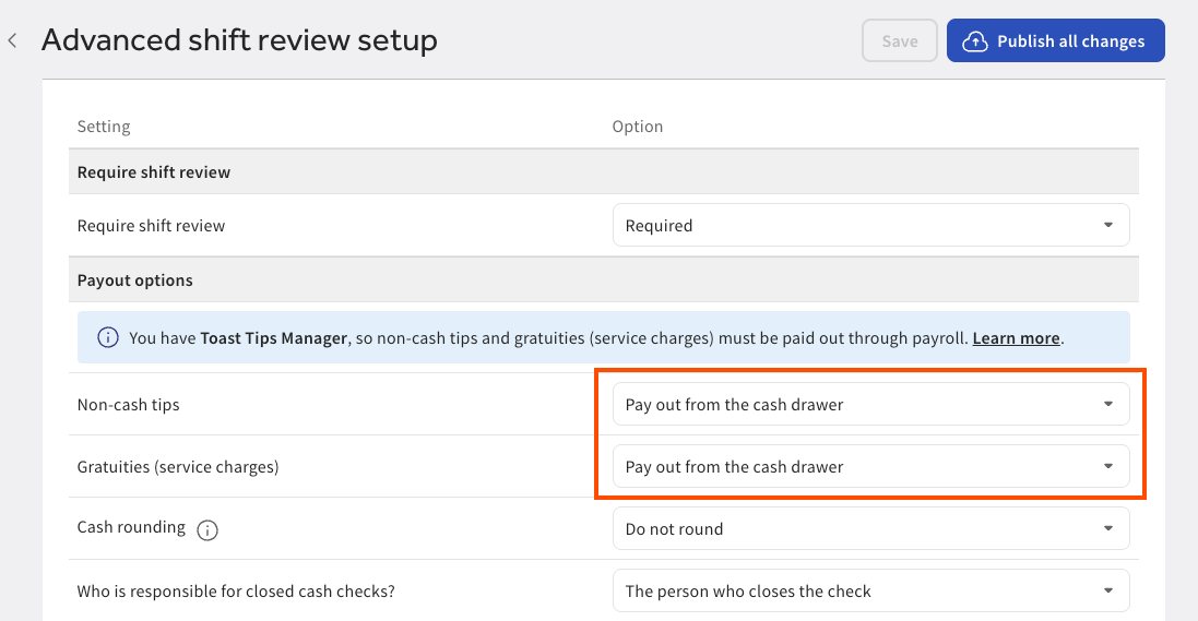 The Advanced shift review setup page showing the Non-cash tips and Gratuities (service charges) settings.