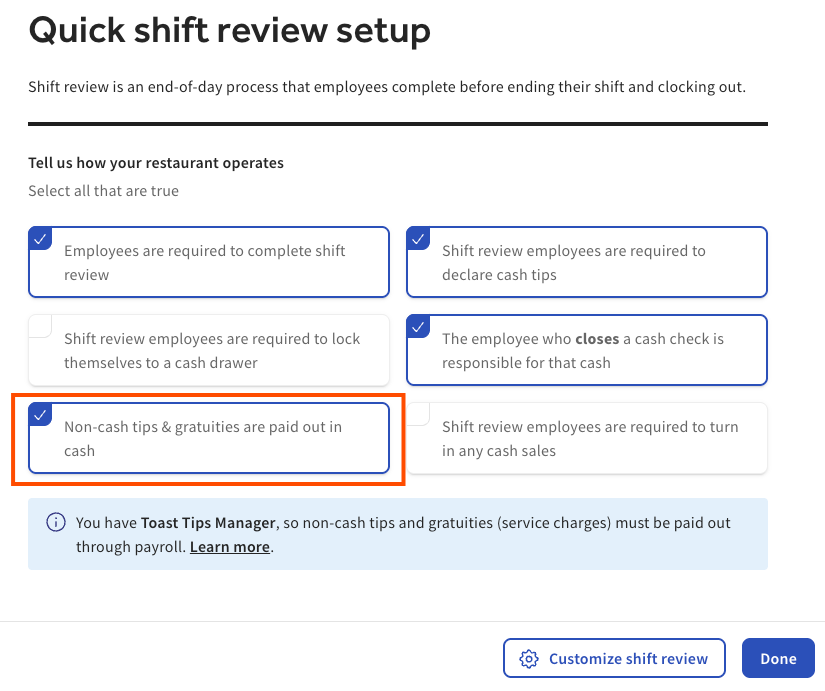 The shift review setup page showing the Non-cash tips and gratuities are paid out in cash setting.