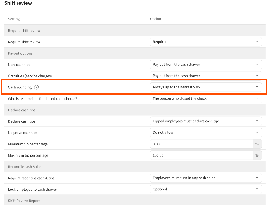 Advanced shift review setup page showing the cash rounding options under Payout options.