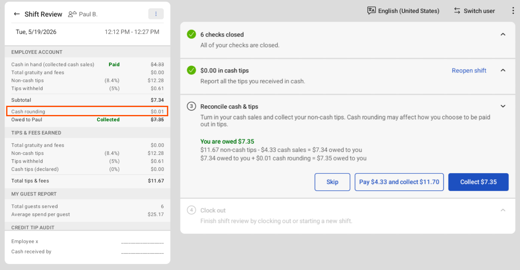 The Shift Review report showing cash rounding from tipouts.