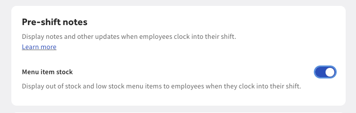 Shows the Menu item stock setting on Toast Web.