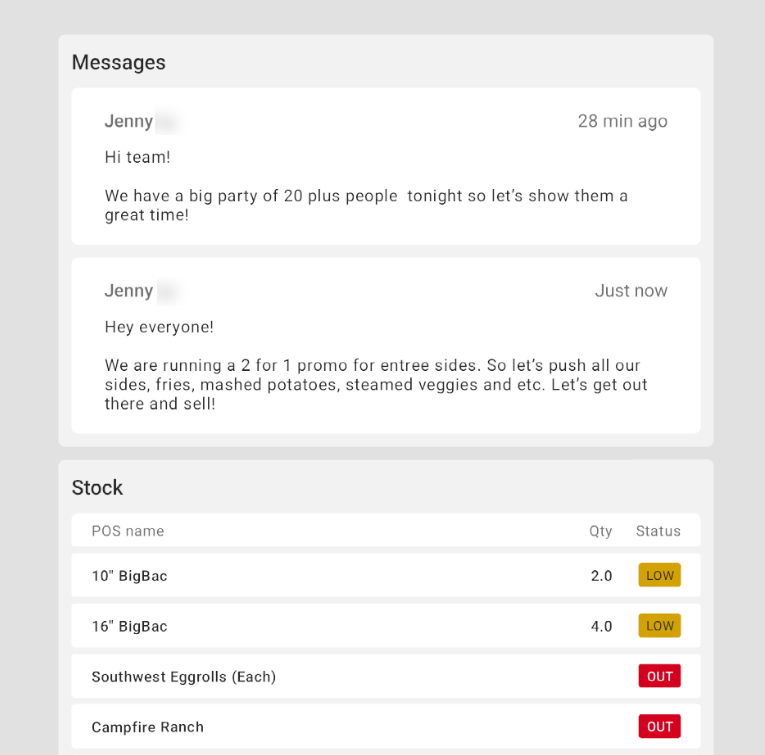 Shows the published staff note on the Pre-shift notes screen on a Toast POS device.