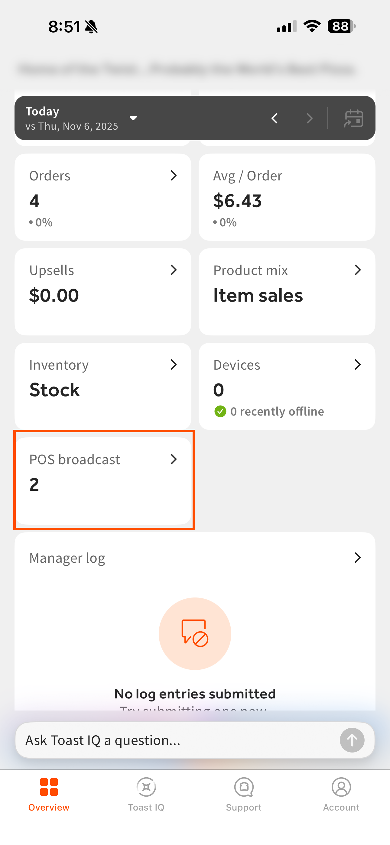 Shows the Toast Now app with the POS broadcast tile emphasized.