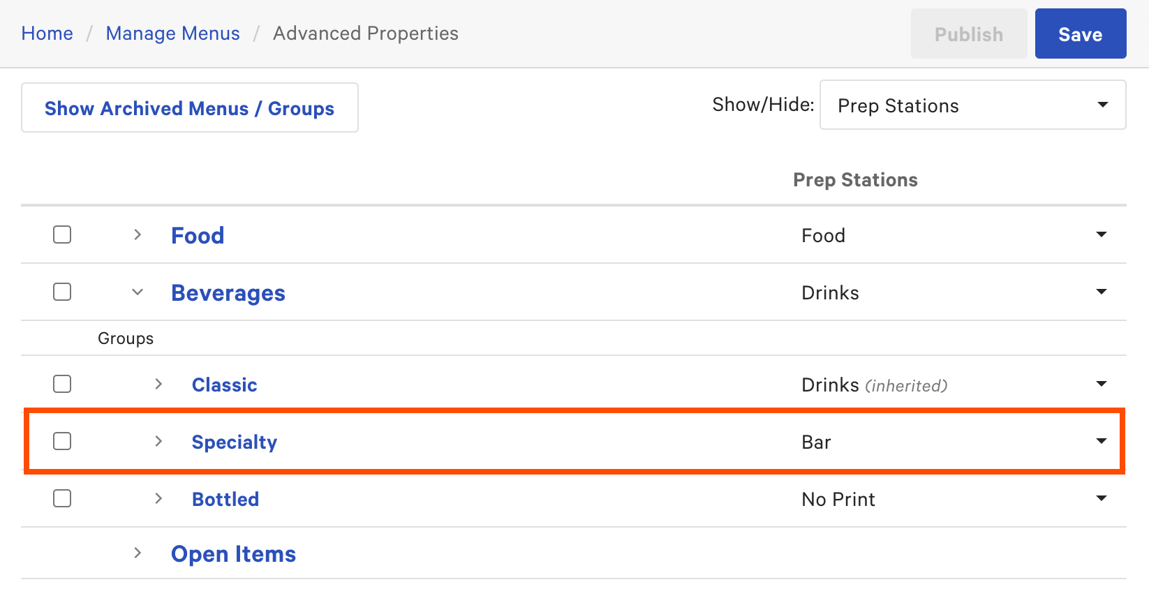 The Advanced Properties page with Specialty items routed to the Bar prep station.