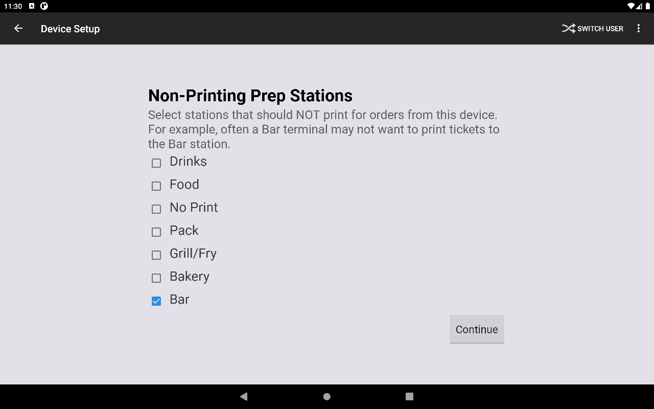 The Device Setup page showing the Bar prep station selected as a non-printing prep station.