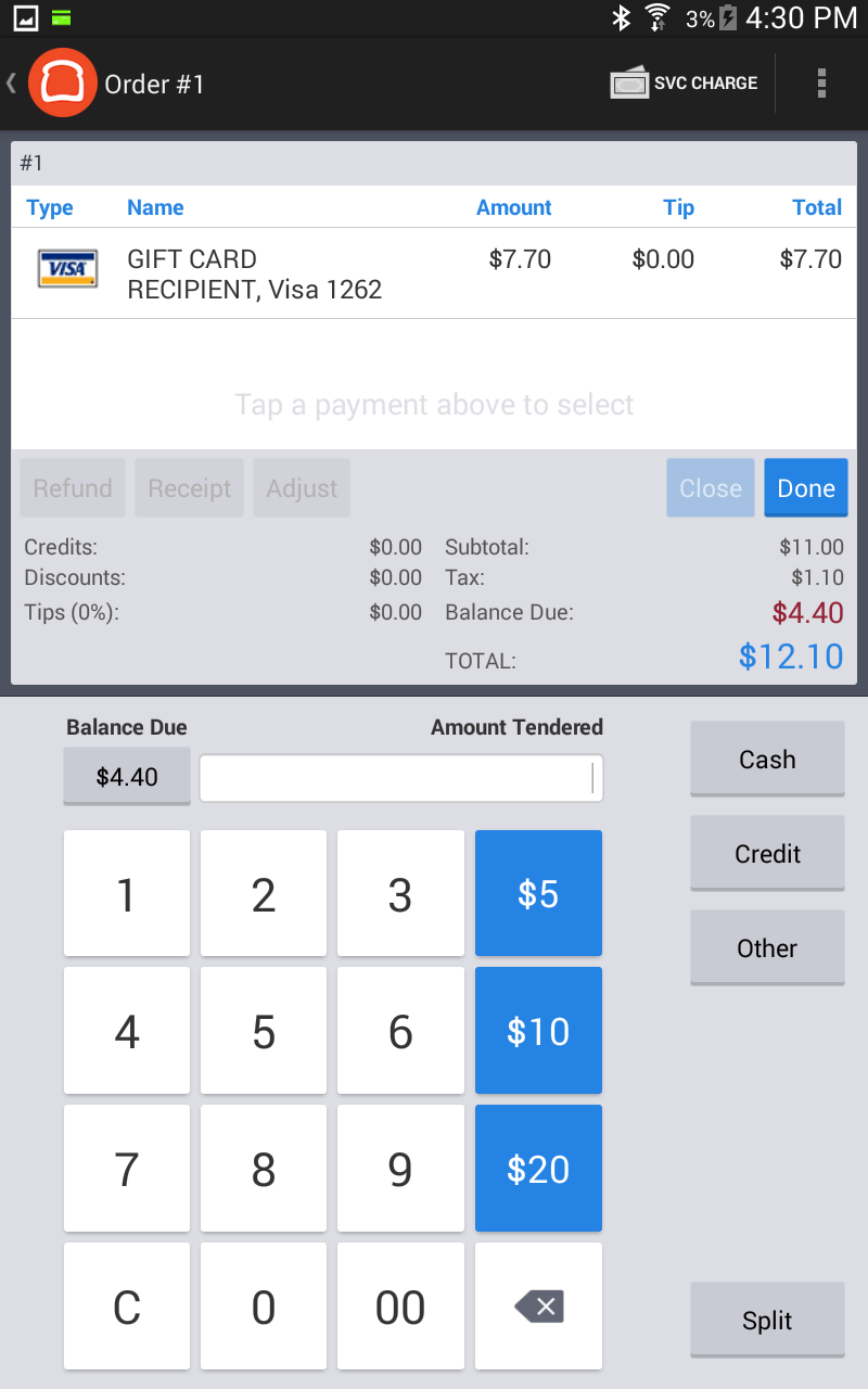 A Toast POS device screen showing the balance due for a check. The partial authorization for a prepaid credit card is shown. The remaining balance is shown.