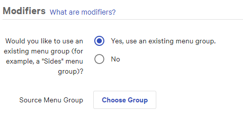 Example of the Modifiers section for a modifier group that is based on an existing menu group.