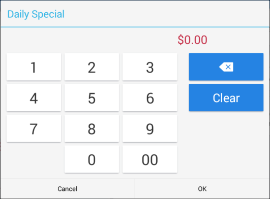 Example of the dialog you use to set an open price in the Toast POS app.