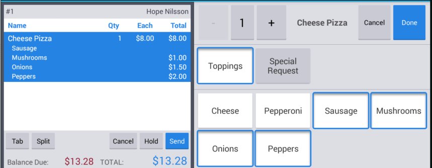Example of the Toast POS app showing a menu item with four sequence-priced modifiers.