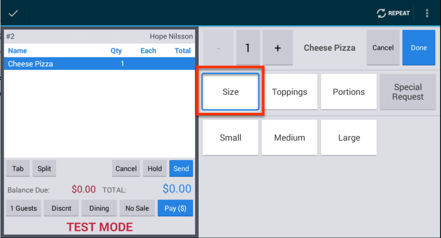 Toast POS app example showing the Size button you use to modify the size of a menu item.